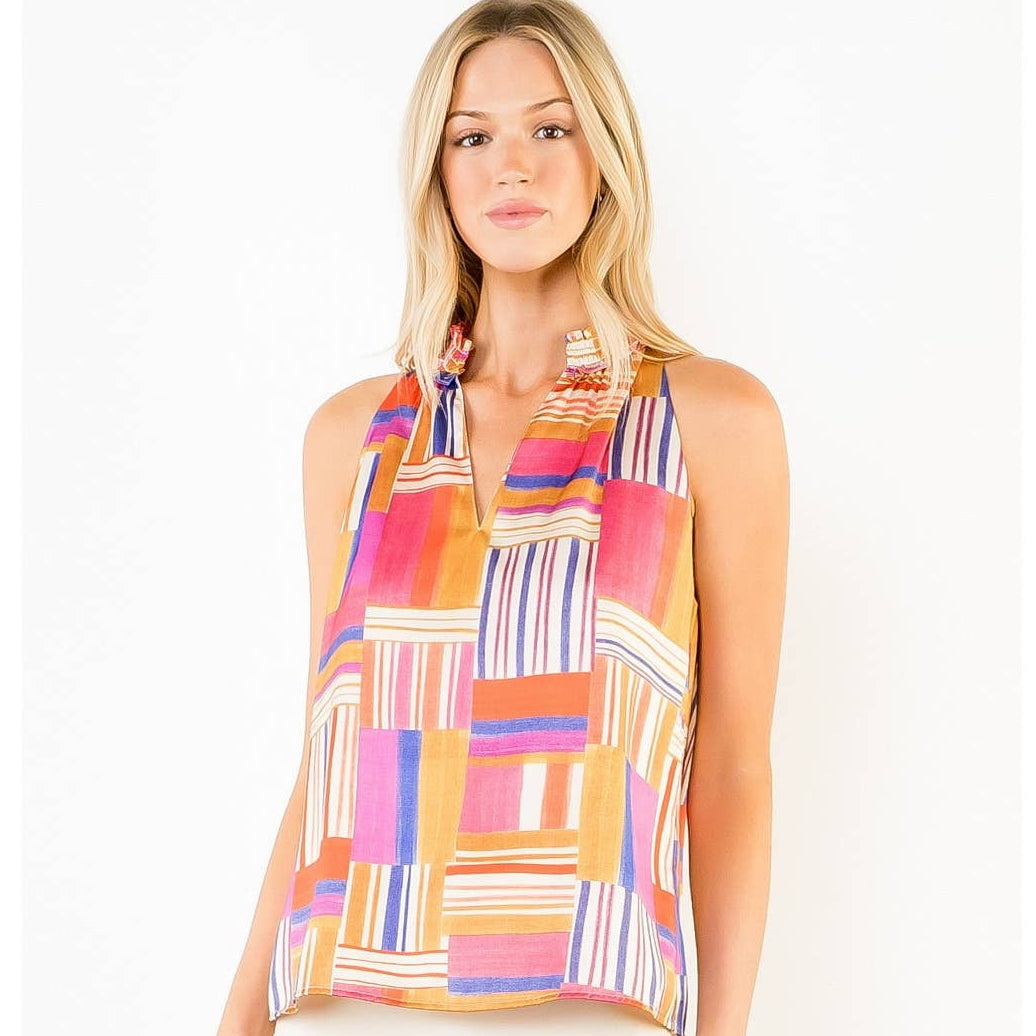 Sleeveless Ruffled Neck Pattern Top