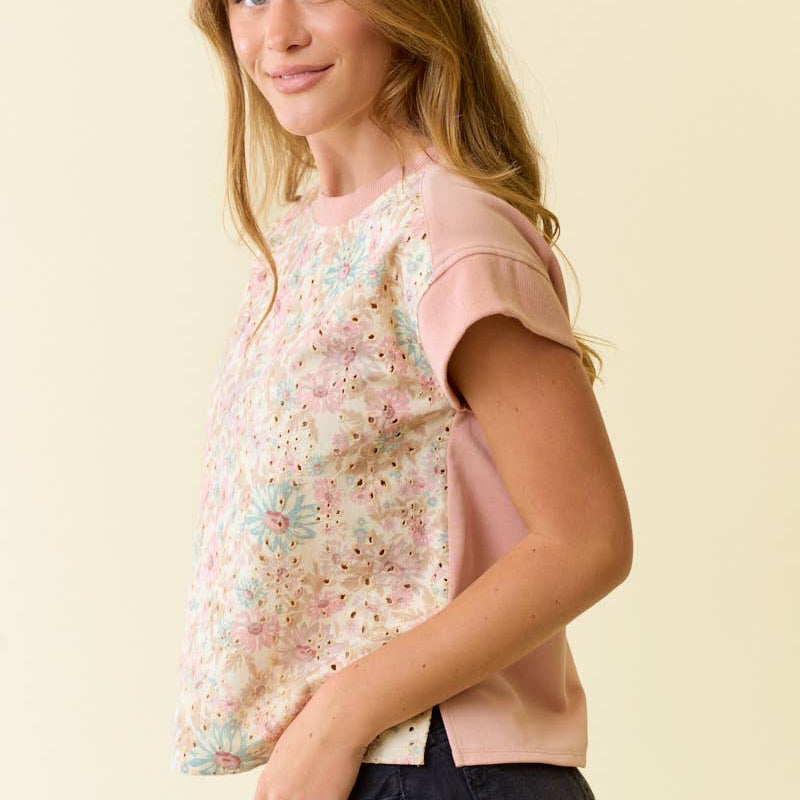 Floral Embroidery Print & Terry Mix Muscle Top - Blush