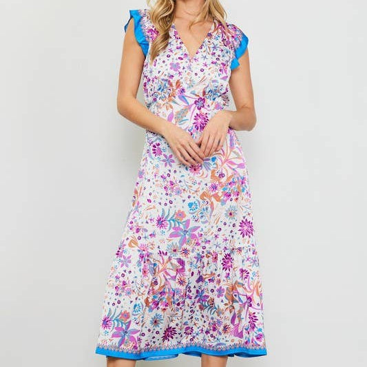 Capri Blue Border Print Short Sleeve Midi Dress