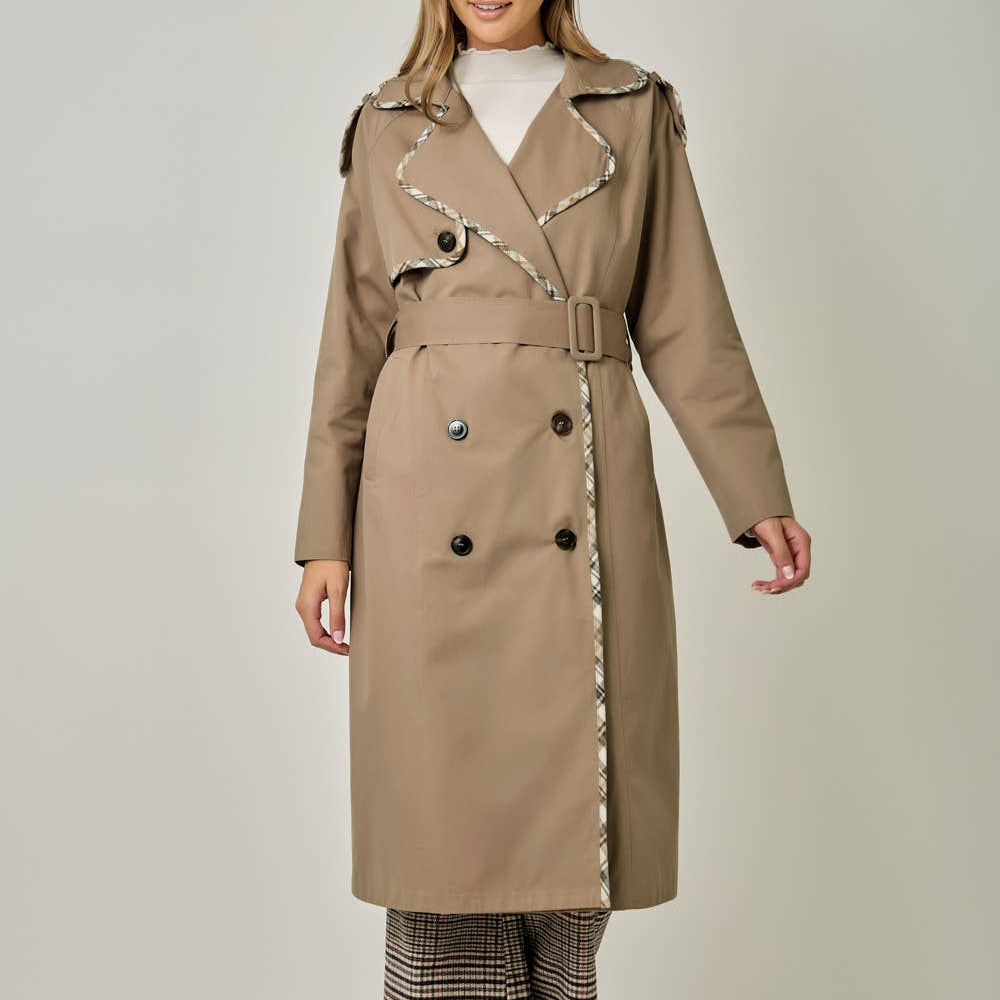 Plaid Trim Midi Trench Coat