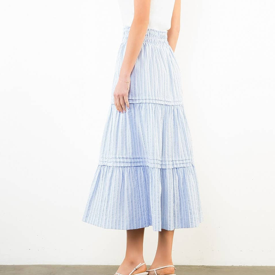 Blue Textured Striped Tiered Skirt