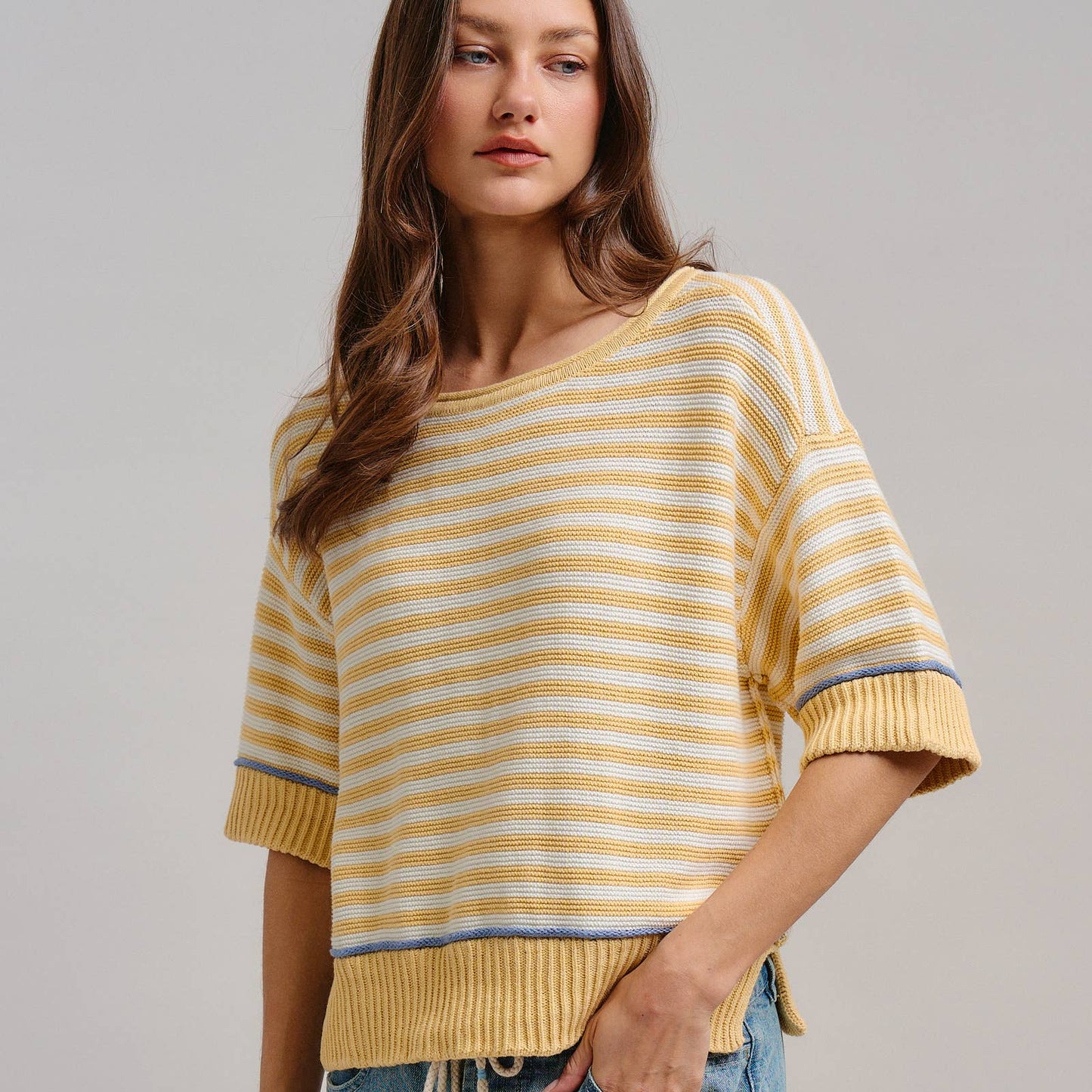 Yellow Striped Contrast Trim Sweater Tee