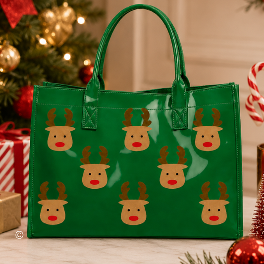 Oh Deer! Christmas is Here! Green Vinyl Tote Bag