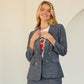 Denim-Look Double-Breasted Blazer with Ruched Sleeves