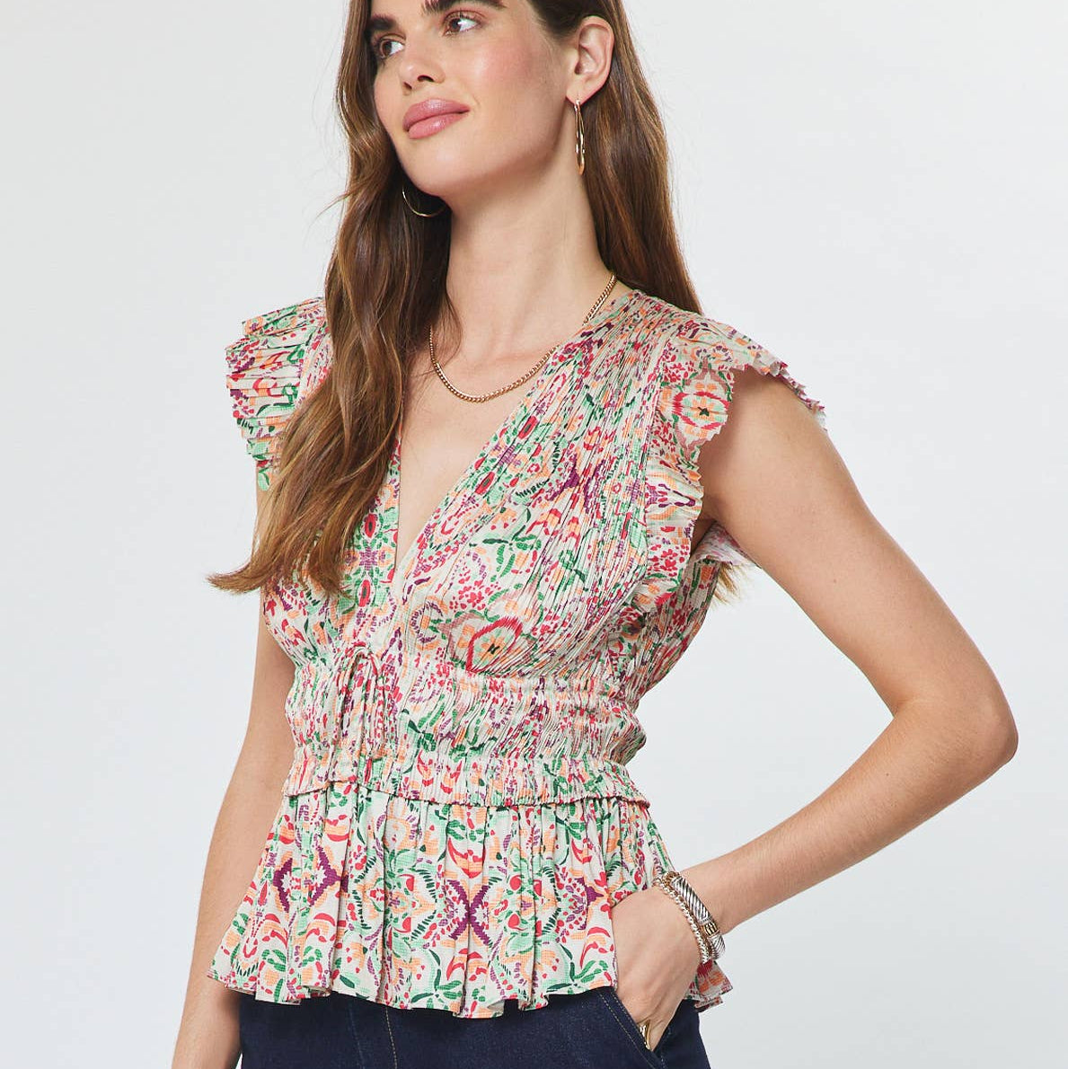 Printed Pleated Peplum V-neck Blouse