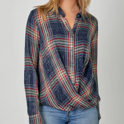 Washed Plaid Surplice Blouse