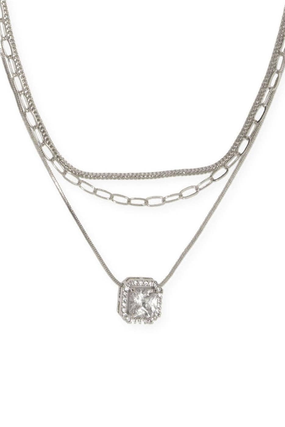 15+ 3 Row Square Halo Pendant Necklace
