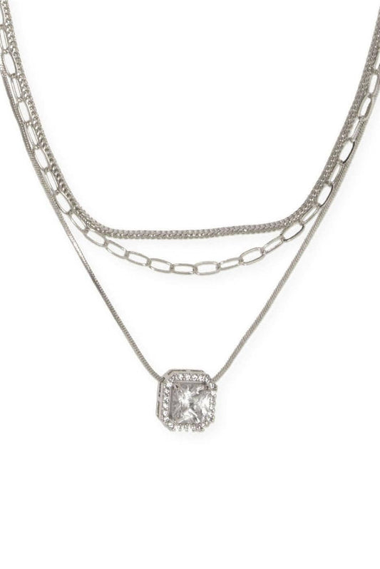 15+ 3 Row Square Halo Pendant Necklace