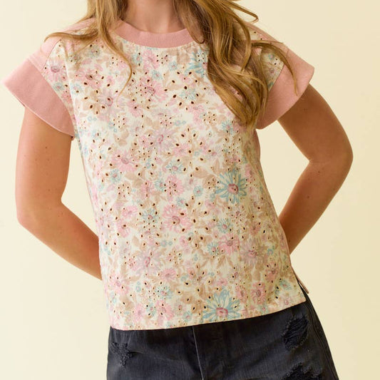 Floral Embroidery Print & Terry Mix Muscle Top - Blush
