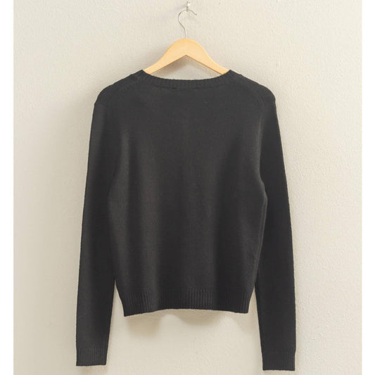 Crew Neck Long Sleeve Buttoned Cardigan: BLACK