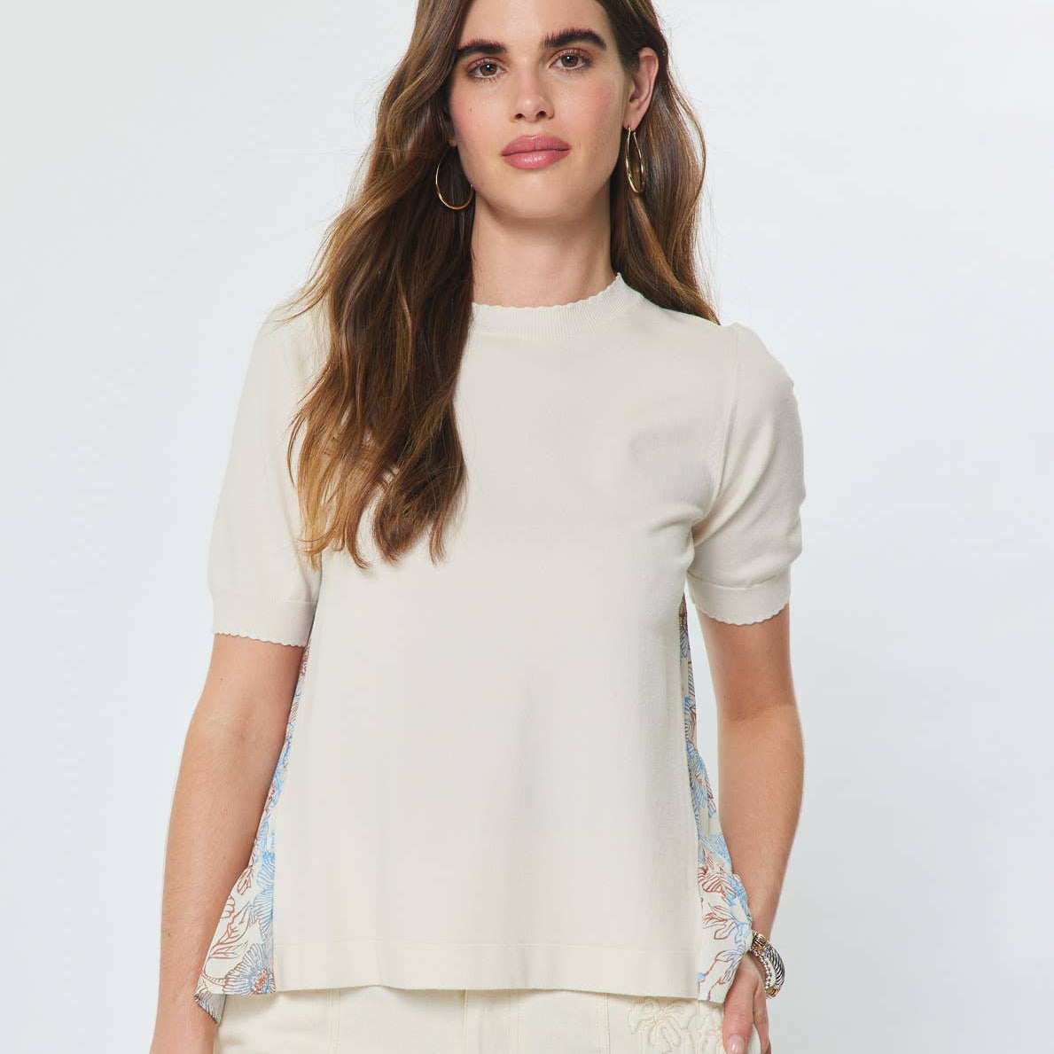 Short Sleeve Knit Top W/Floral Chiffon Back