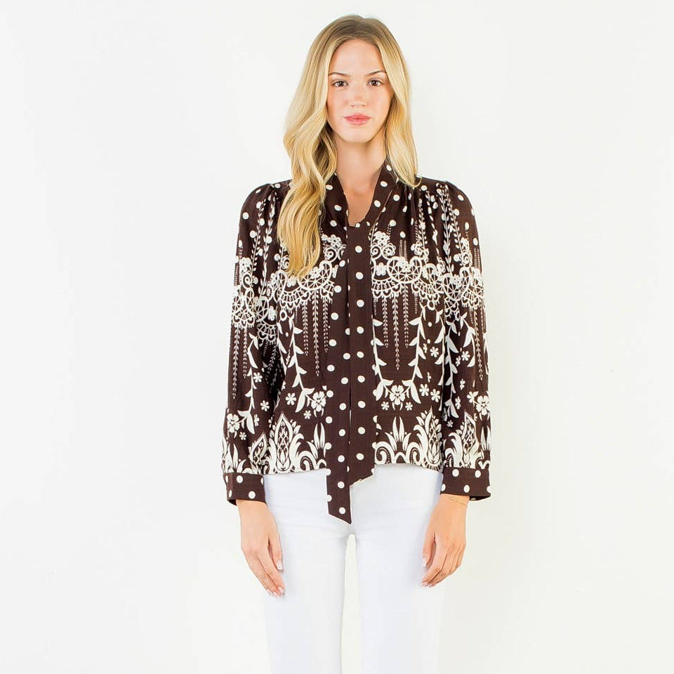 Tie Neck Long Sleeve Pattern Detail Top