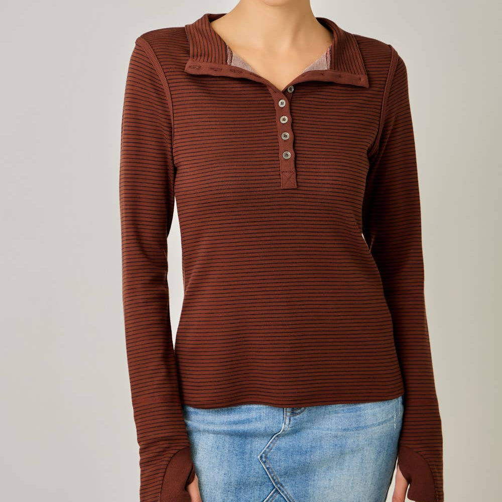 High Neck Striped Henley Top