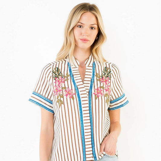 Striped Floral Embroidery Top