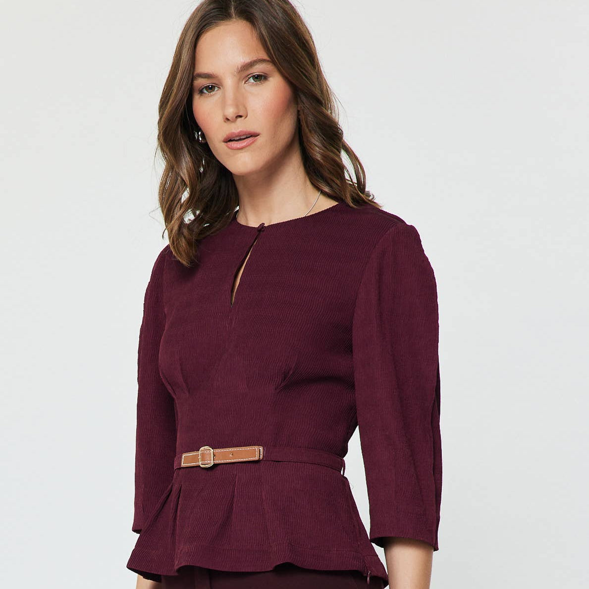 Textured Belted 3/4 Sleeve Top