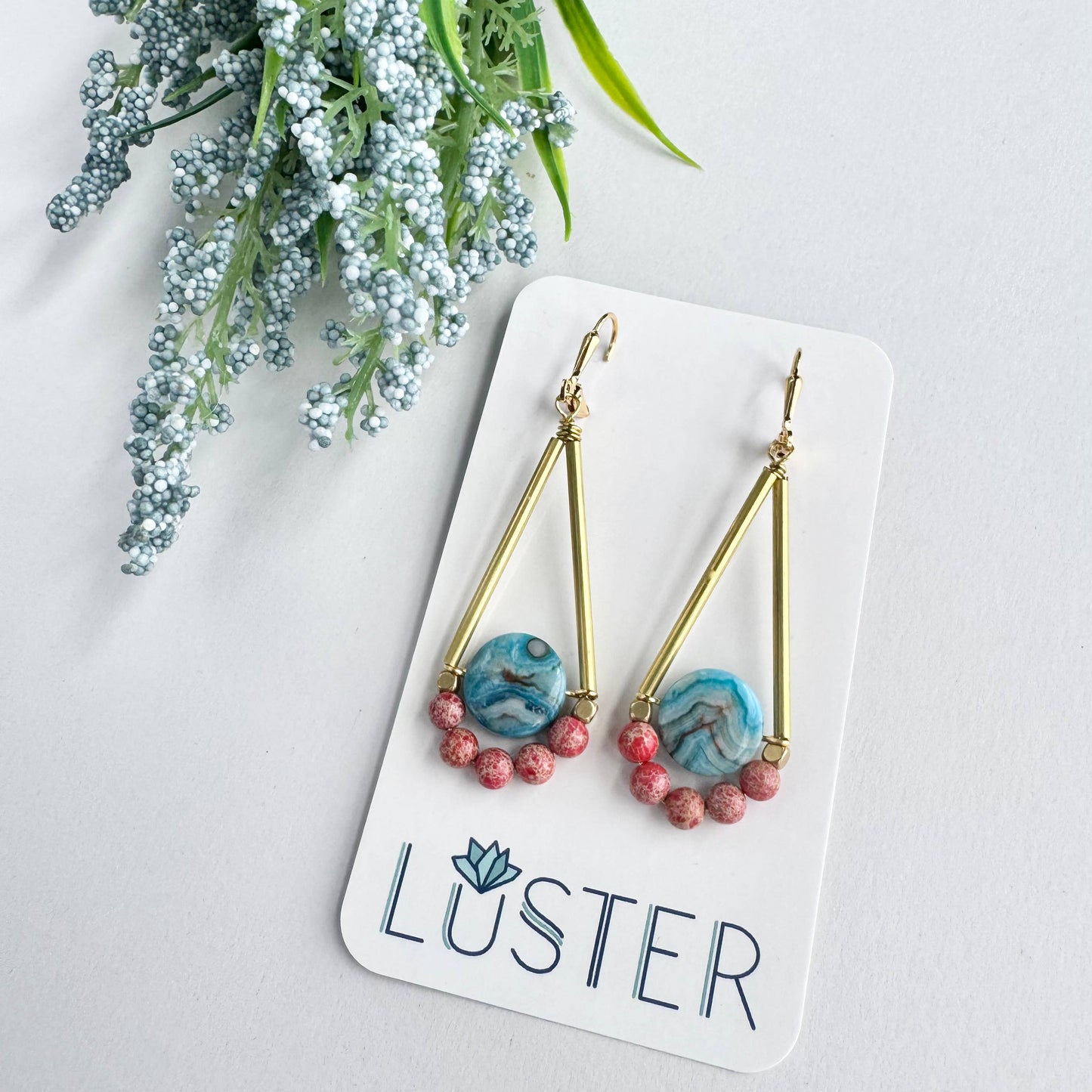 Gold Brass + Stone Lightweight Statement Unique Earrings