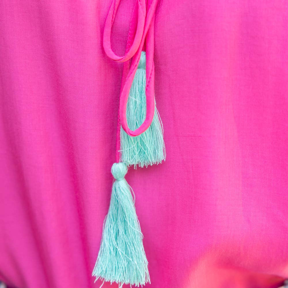 Pink Tassel Front Tie Ruffle Detail Top
