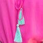 Pink Tassel Front Tie Ruffle Detail Top