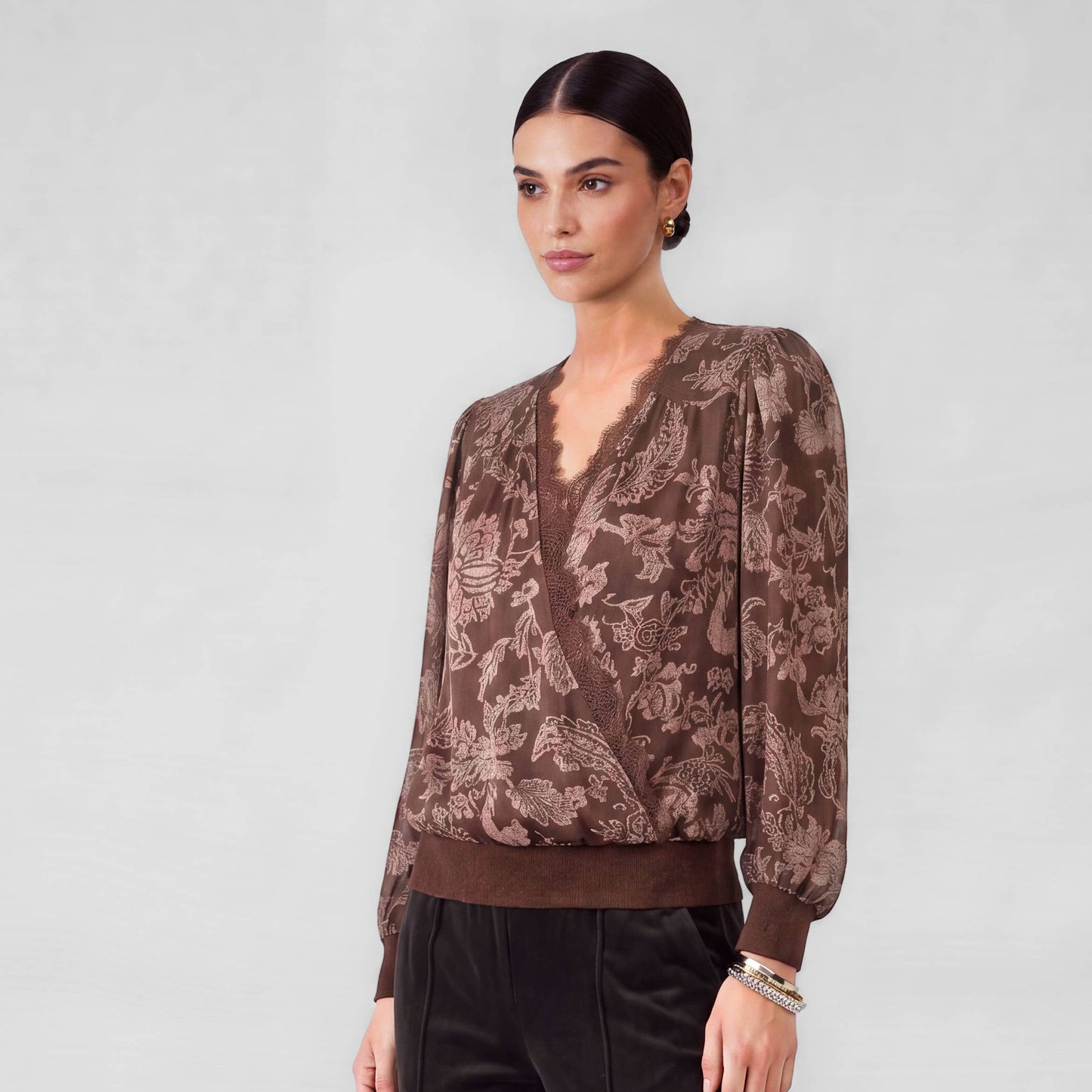 Floral Printed Lace Surplice Top
