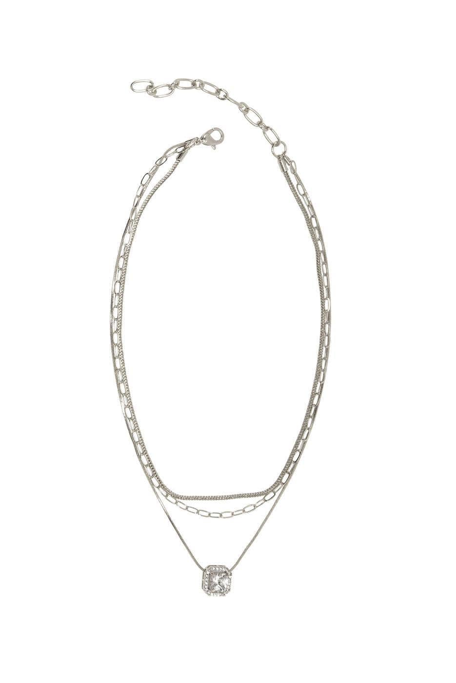 15+ 3 Row Square Halo Pendant Necklace