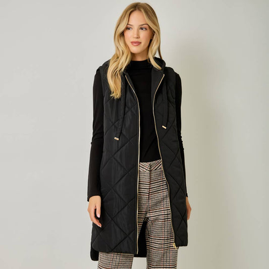 Quilted Puffer Long Hoodie Vest