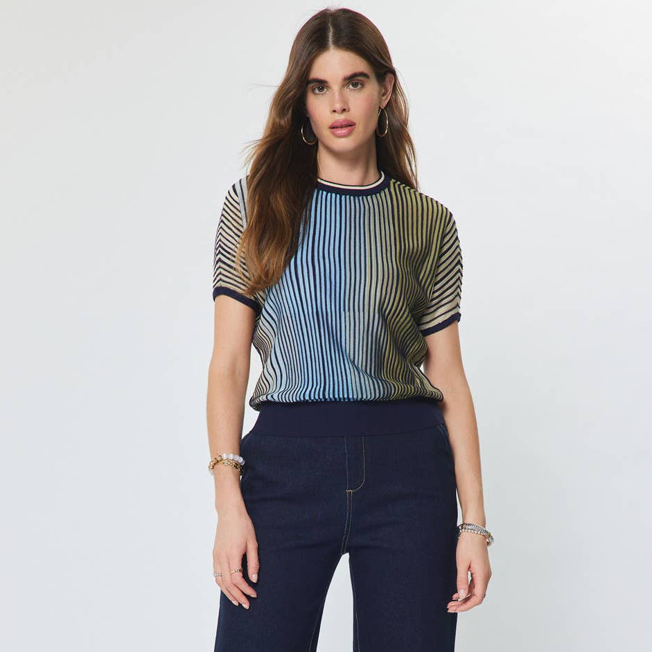 Striped Dolman Sleeve Short Sleeve Sweater