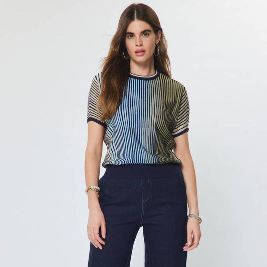 Striped Dolman Sleeve Short Sleeve Sweater