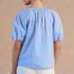Blue Striped Embroidered Short Sleeve Blouse