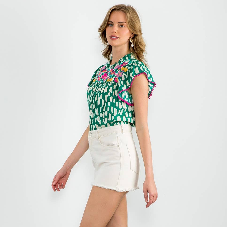 Embroidered Flutter Sleeve Print Top