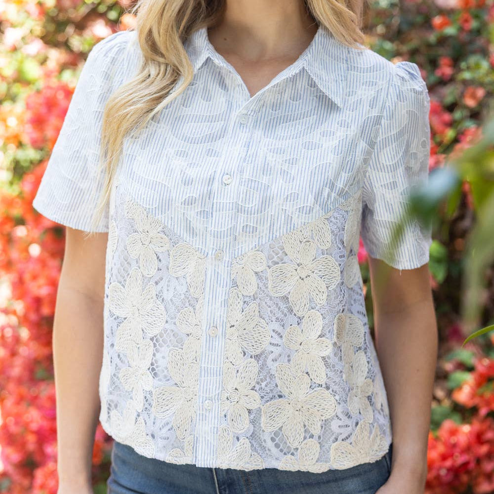 Blue Button Down Stripe Paisley Floral Embroidered Top