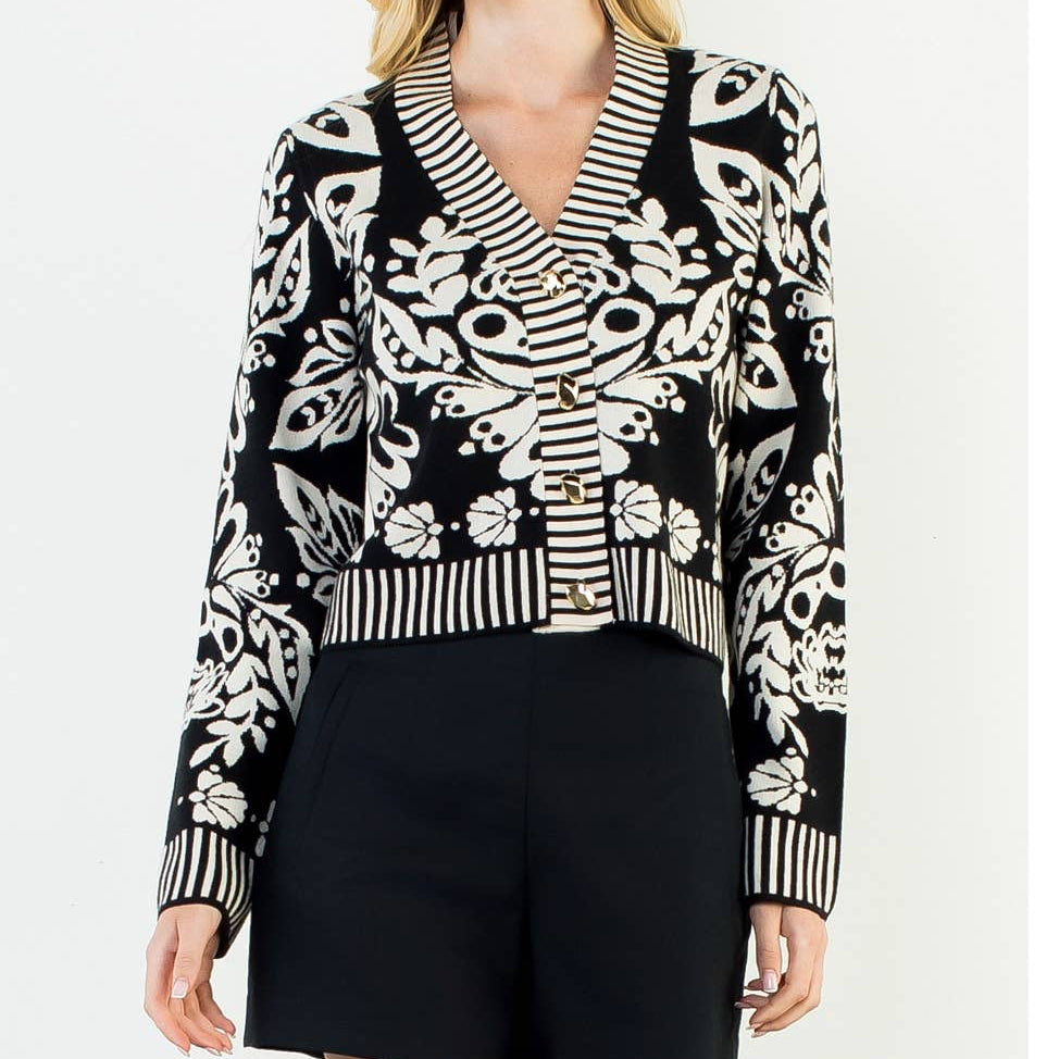 Floral V-Neck Cardigan With Gold Buttons