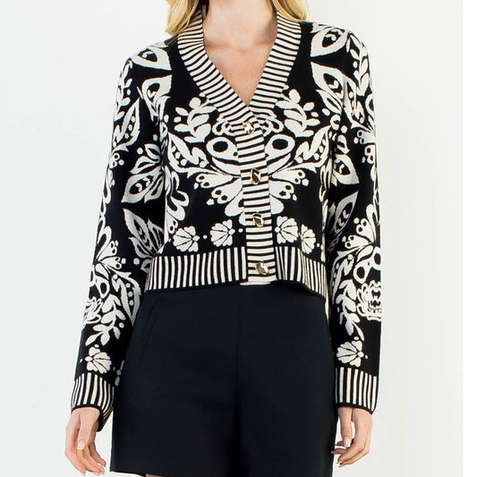 Floral V-Neck Cardigan With Gold Buttons