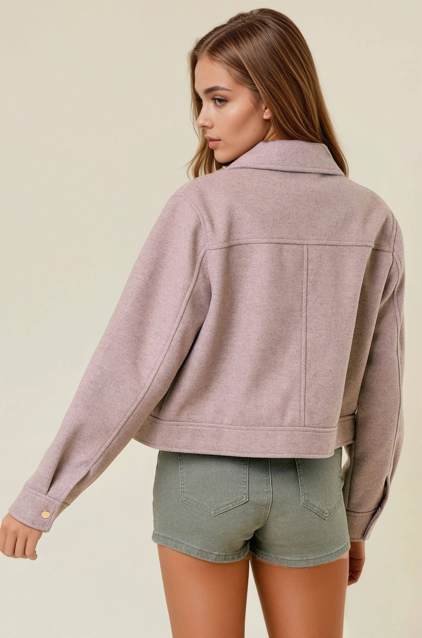 Collared Neck Long Sleeve Front Metal Zip Jacket