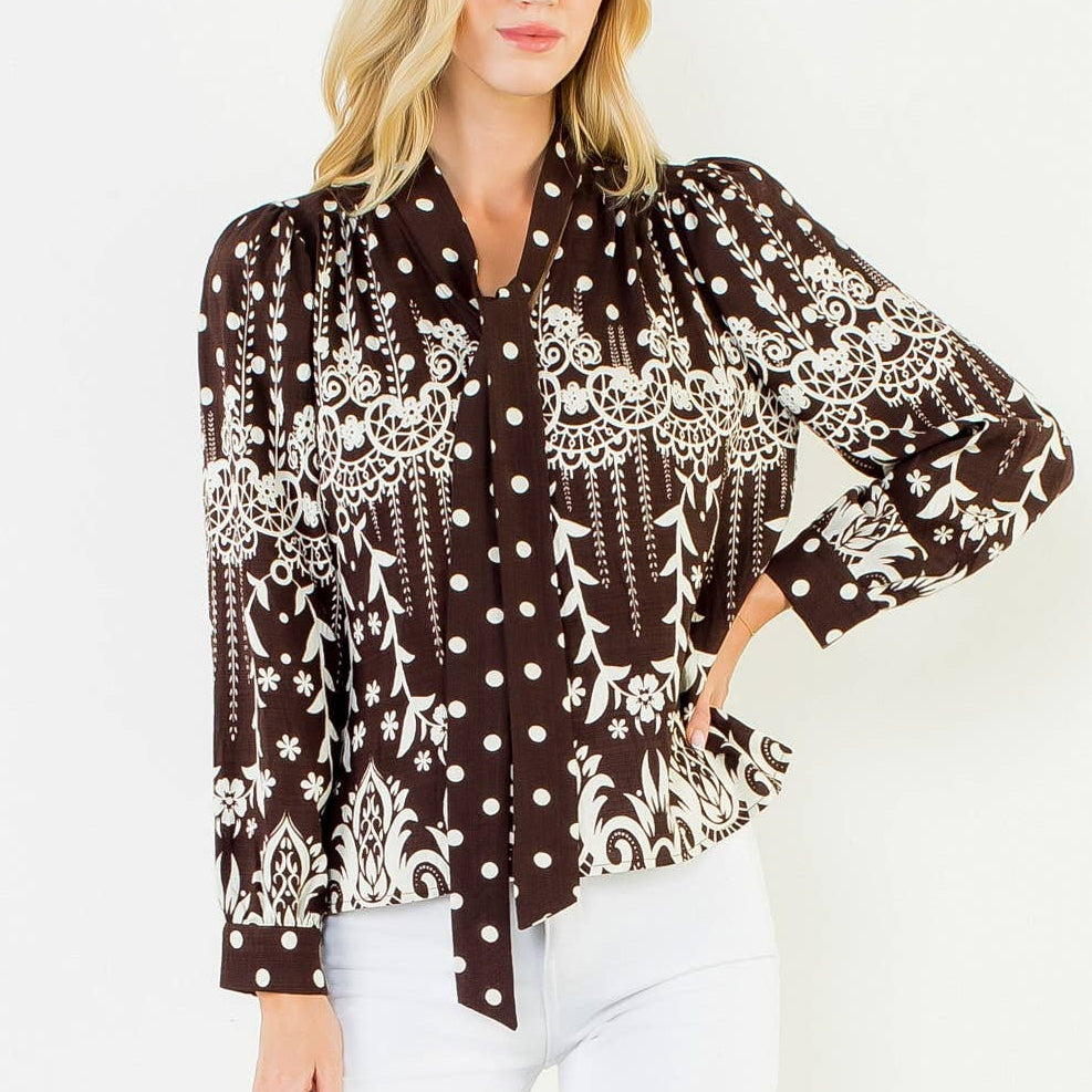 Tie Neck Long Sleeve Pattern Detail Top