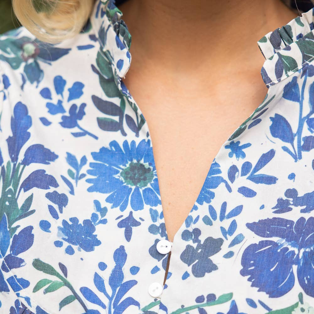 Quarter Button Round Yoke V-Neck Floral Print Top