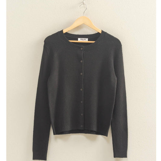 Crew Neck Long Sleeve Buttoned Cardigan: BLACK