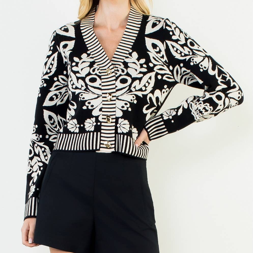 Floral V-Neck Cardigan With Gold Buttons