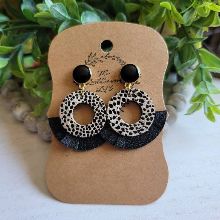 Black Spotted Circle Leather Earrings