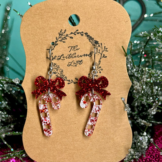 Sparkle Candy Canes and Bows Acrylic Earrings