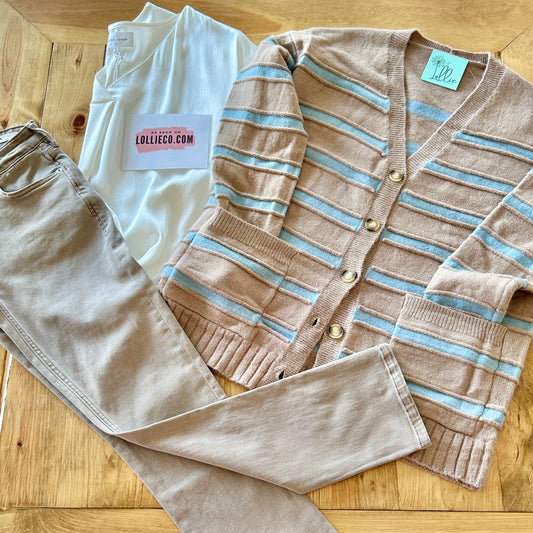 Taupe and Blue Striped Cardi