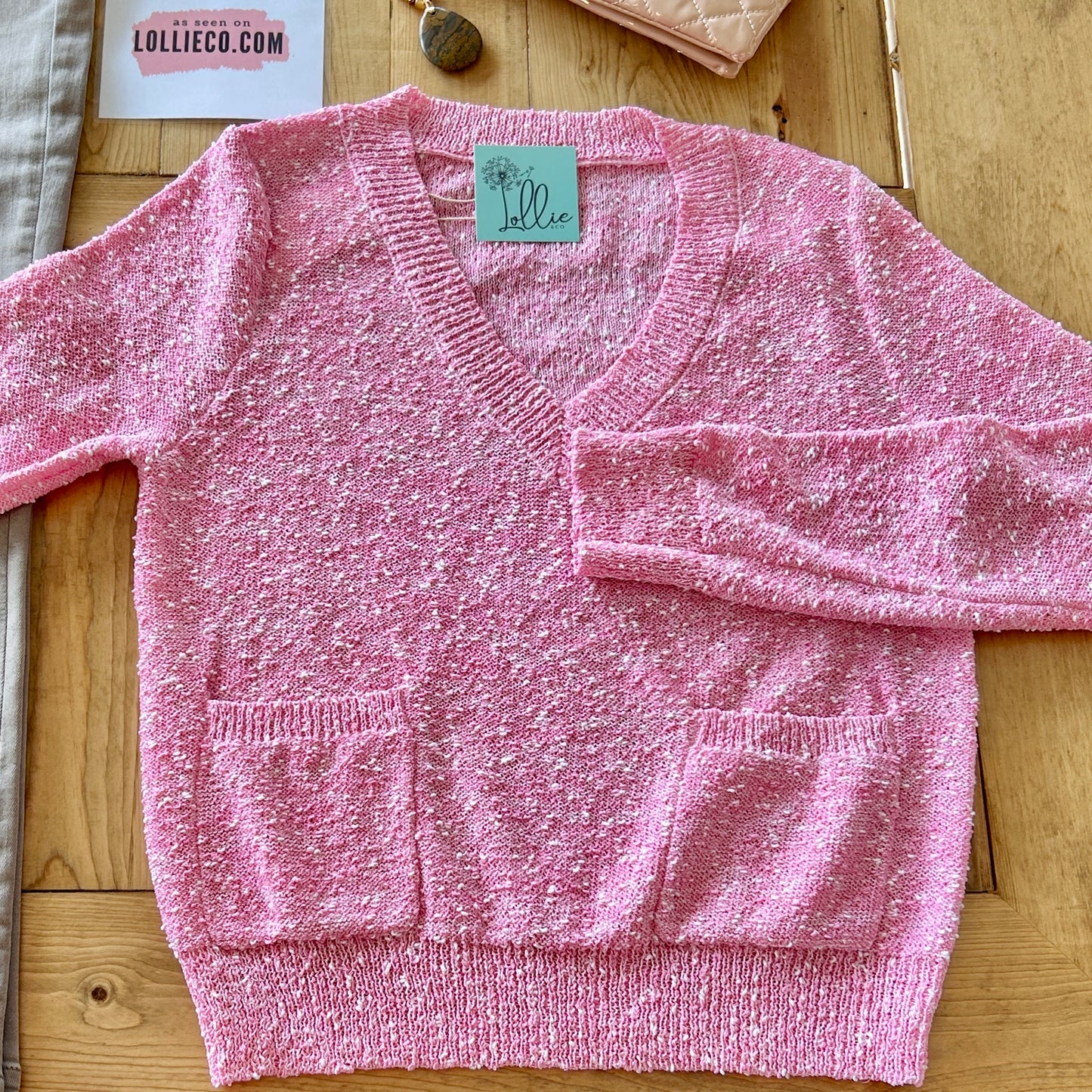 Pink Boucle Patch Pocket Sweater