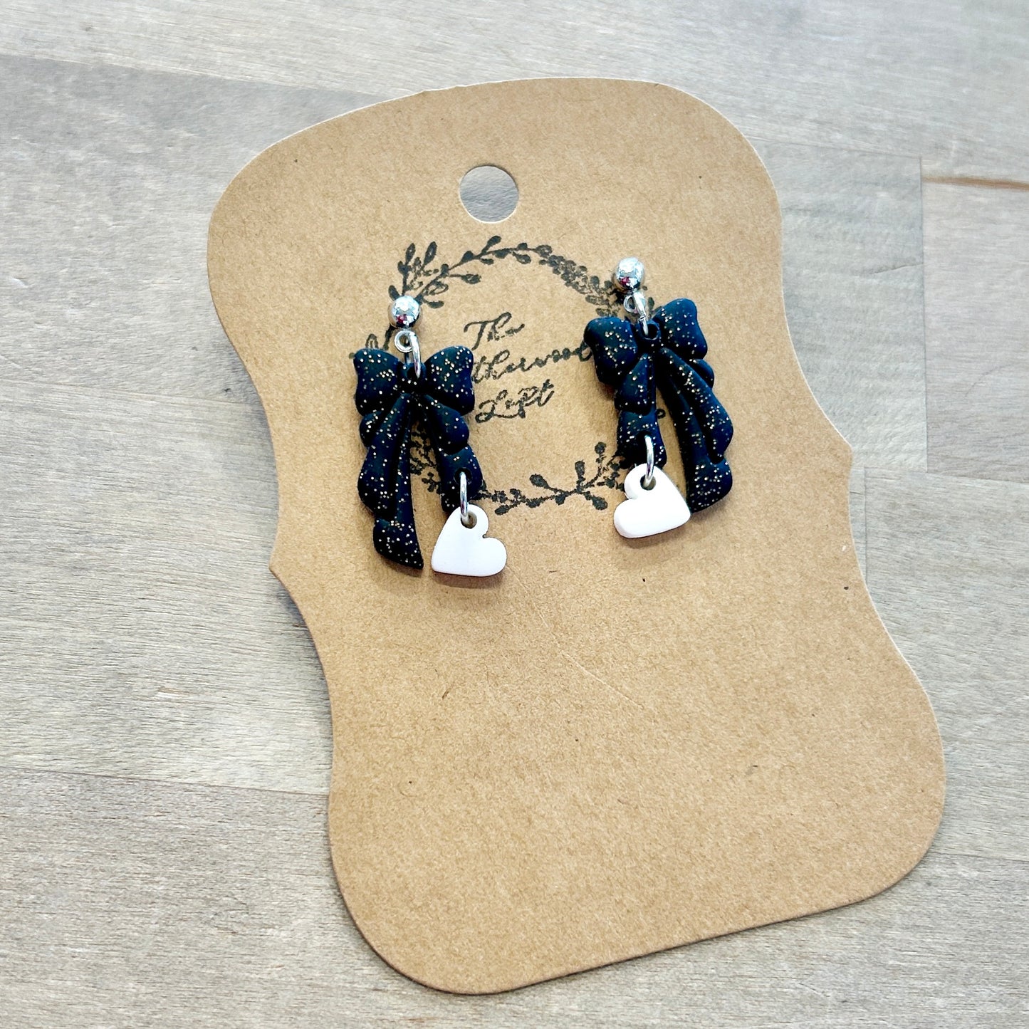 Glittery Bow Heart Drop Earrings