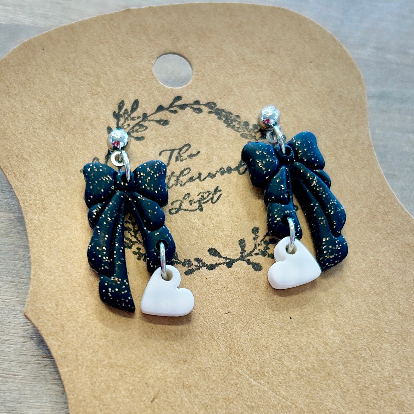 Glittery Bow Heart Drop Earrings