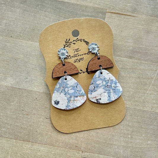 Floral Drop Leather and Wood Earrings