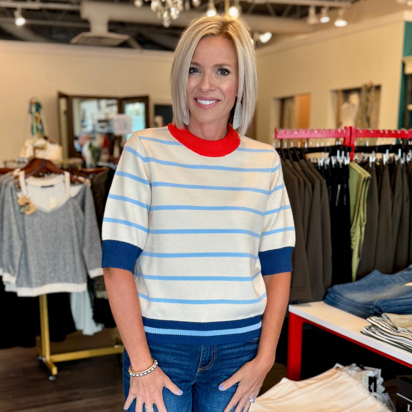 Colorblock  Rib Trim Striped Sweater
