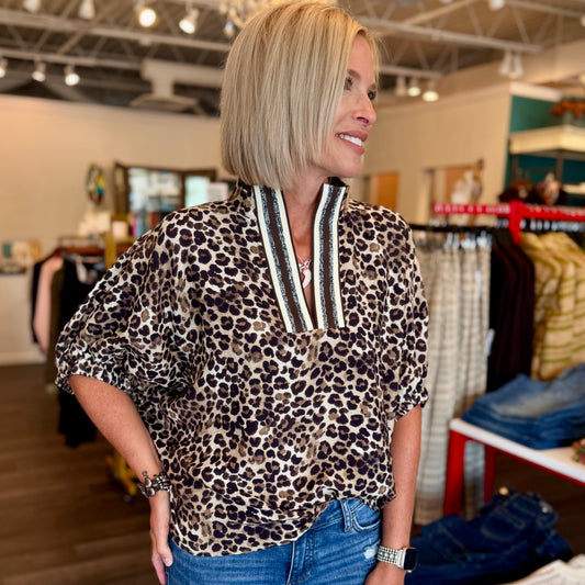 Animal Print Stripe Trim Top