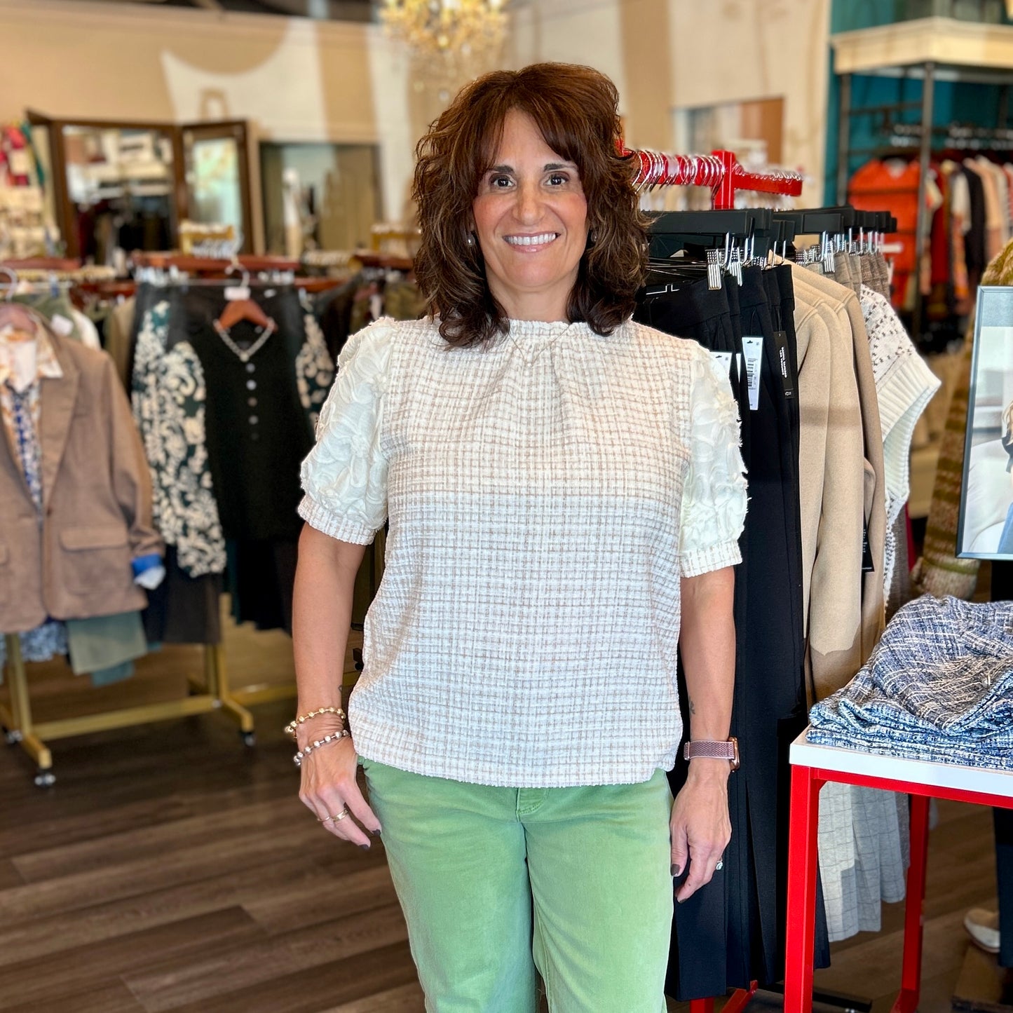 Plaid Bouclé Lace Puff Sleeve Top