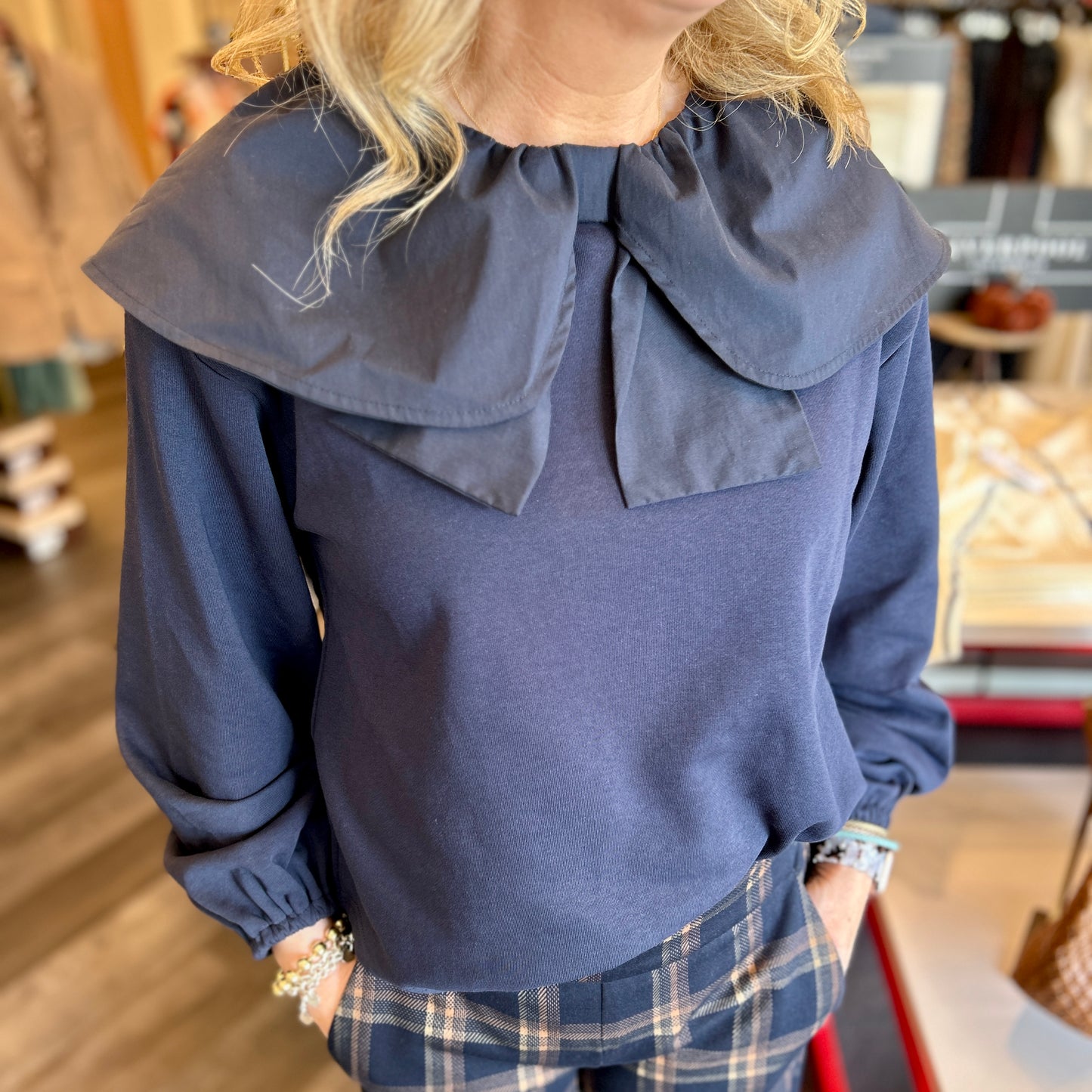 French Terry Bow Collar Top