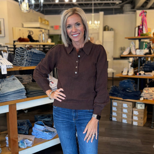 Polo Long Sleeve Sweater: Brown