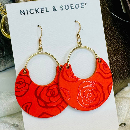 Nickel & Suede Red Rose Aster Earring